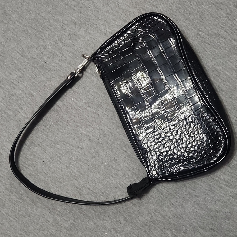 Vintage Y2K Black Faux Patent Leather Snakeskin Mini Clutch Handbag Purse - Picture 1 of 10